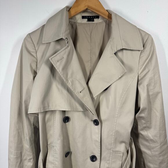 Theory Trench Coat Women L Tan Midi Long Sleeve Double Breast Minimal Career - Picture 3 of 10